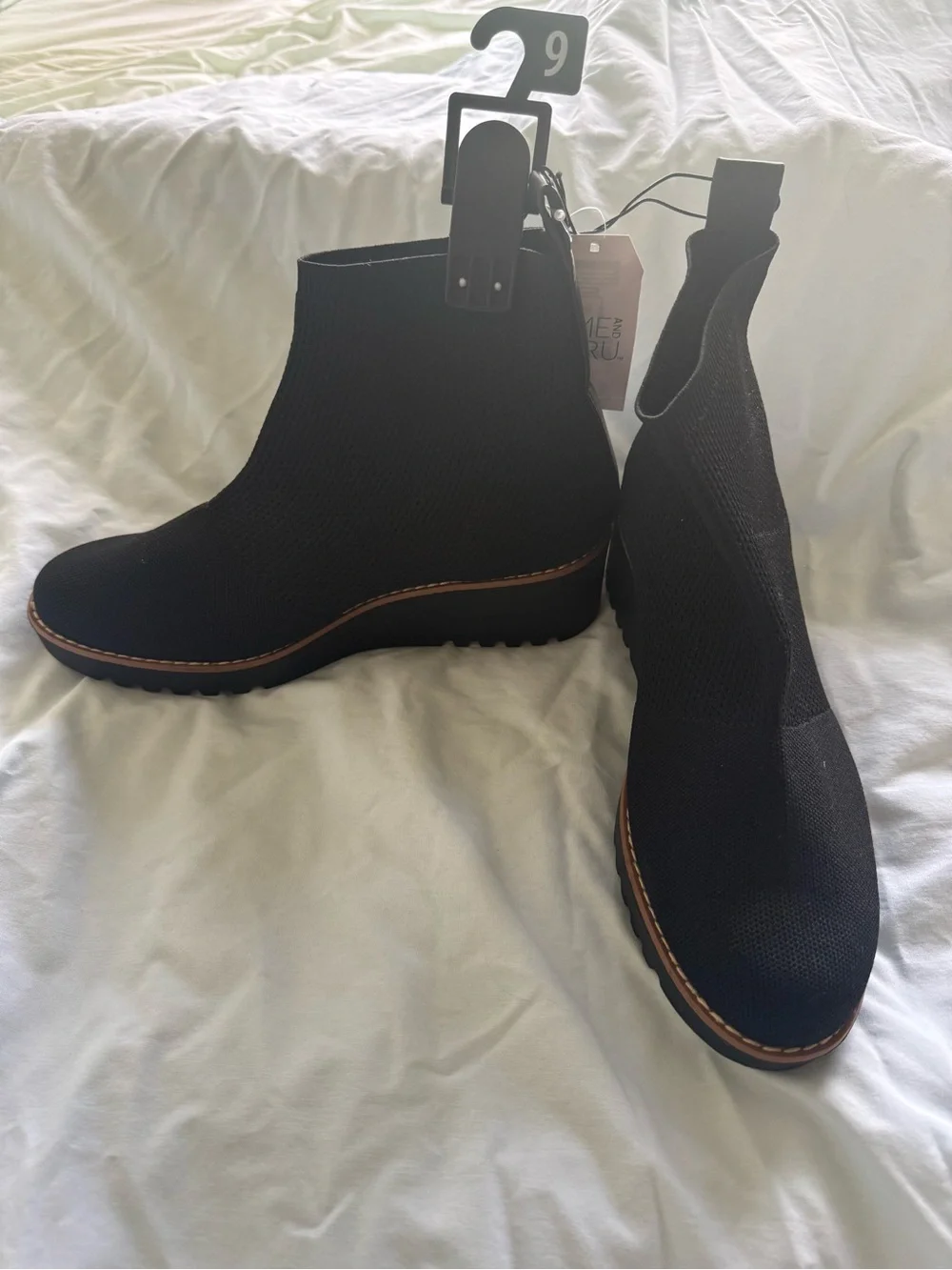 Time and Tru Black Knit Wedge Ankle Booties with Tan Trim